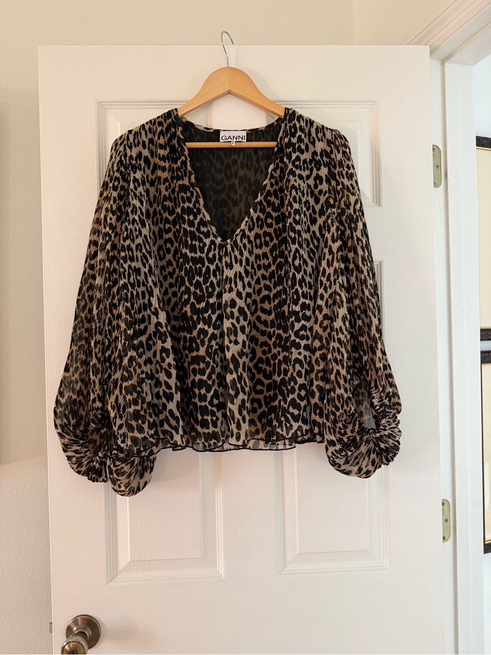Ganni Leopard Print V-Neck Blouse in Brown and Black, Size 42 (US 12)
